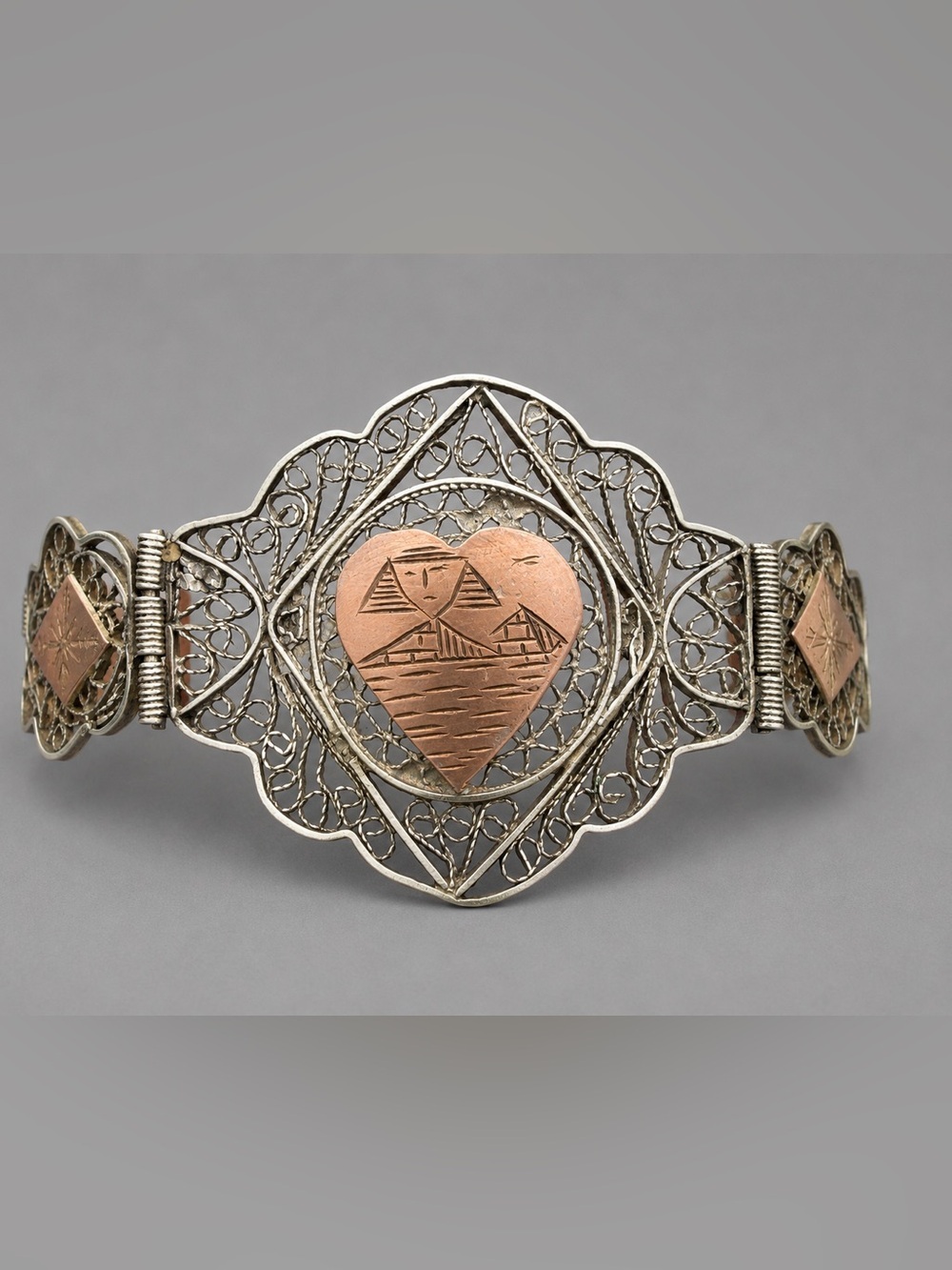 Vintage Filigree Bracelet with Copper Heart Panels